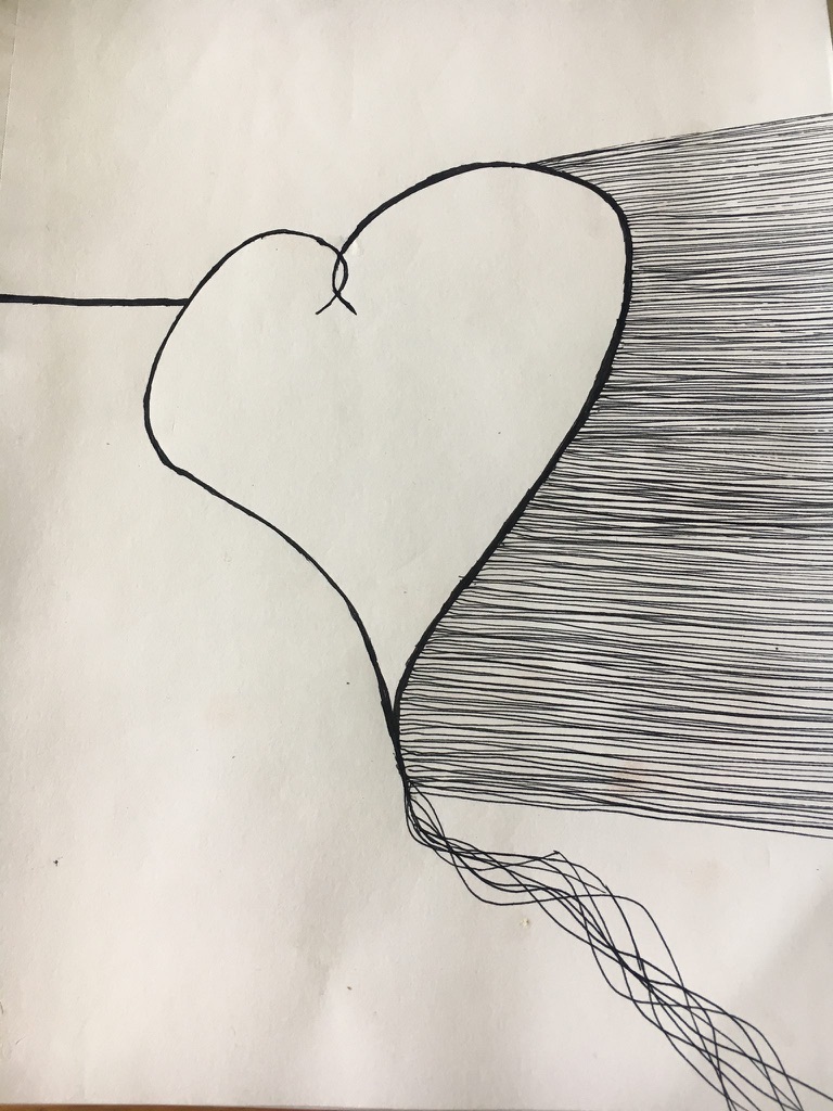 black ink on white paper, the outline of a heart, one thread goes into it on the left, innumerable threads leave from it on the right